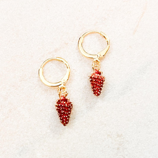Wild Red Strawberry Huggie Hoop Earrings