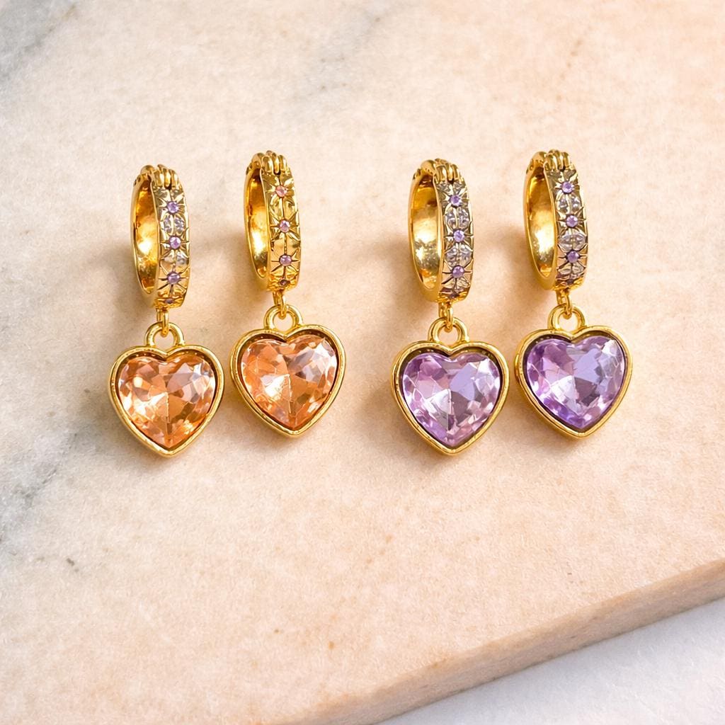 Gold Heart Drop Earrings – Peach or Lavender Crystal Huggies – Romantic Statement Jewellery – Gift for Her – Valentine Earrings