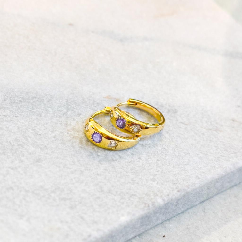 Gold Huggie Hoop Earrings with Ruby CZ Stones, Dainty Starburst Gemstone Hoops, Romantic Stacking Earrings, July Birthstone Gift for Her