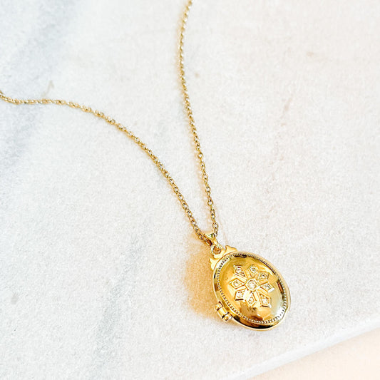 Oval Locket Necklace Gold Photo Charm Pendant, Engraved Starburst Snowflake Jewelry, Gift for Her