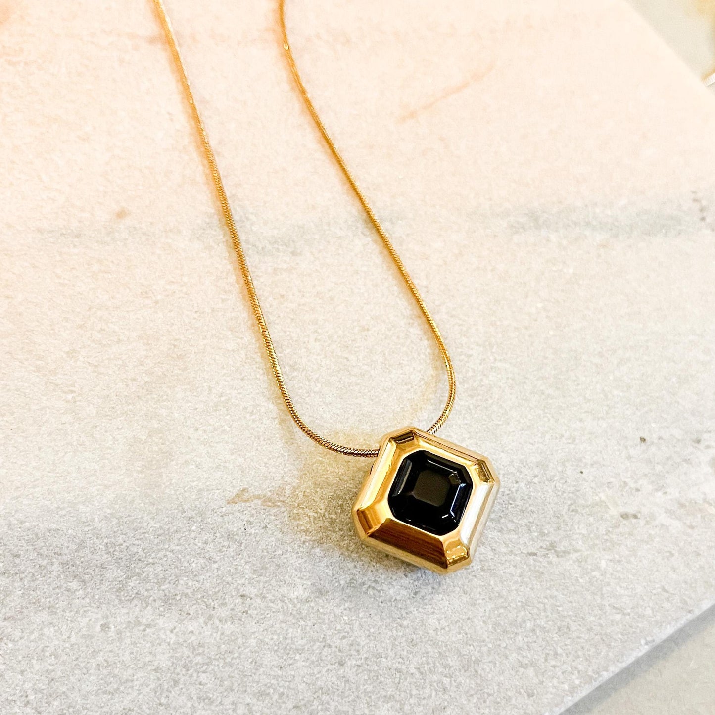 Vintage Style Emerald Square Necklace, Black Onyx Geometric Pendant, Gold Art Deco Jewelry, Statement Snake Chain, Gift for Her