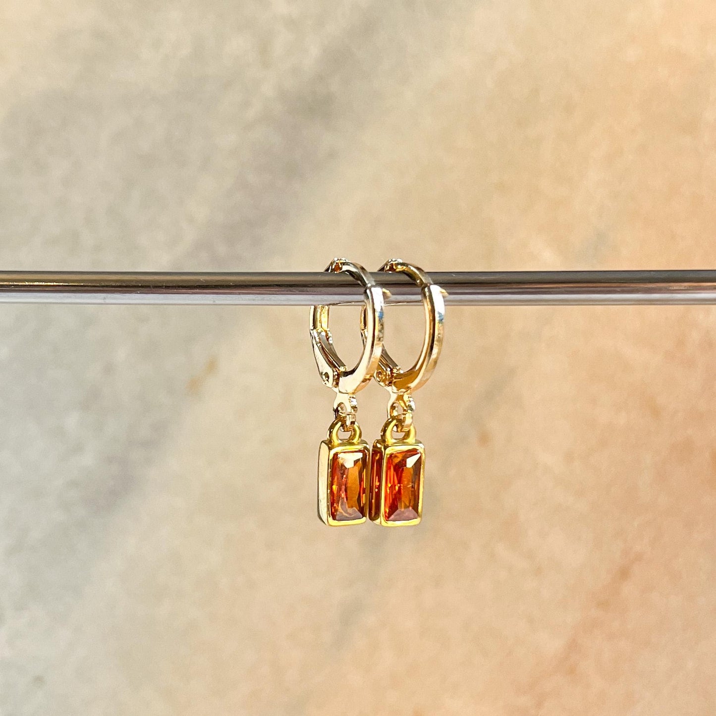Gold Rectangle Baguette Crystal Huggie Earrings, Orange Blue Purple Drop Hoops, Minimal Gemstone Earrings, Colourful Jewellery Gift