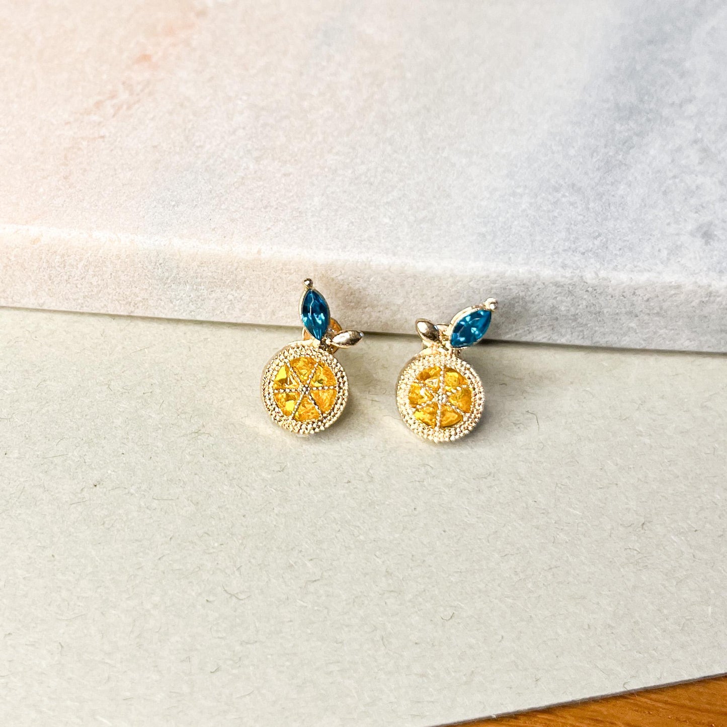 Gold Lemon Slice Stud Earrings | Dainty Yellow Citrus Blue Leaf Jewelry | Summer Fruit Gift