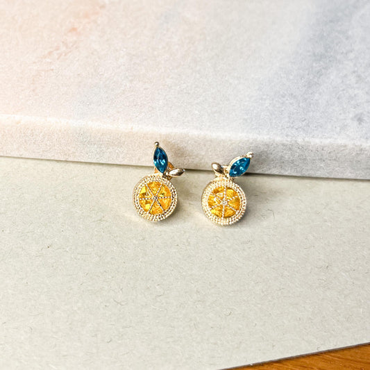 Gold Lemon Slice Stud Earrings | Dainty Yellow Citrus Blue Leaf Jewelry | Summer Fruit Gift