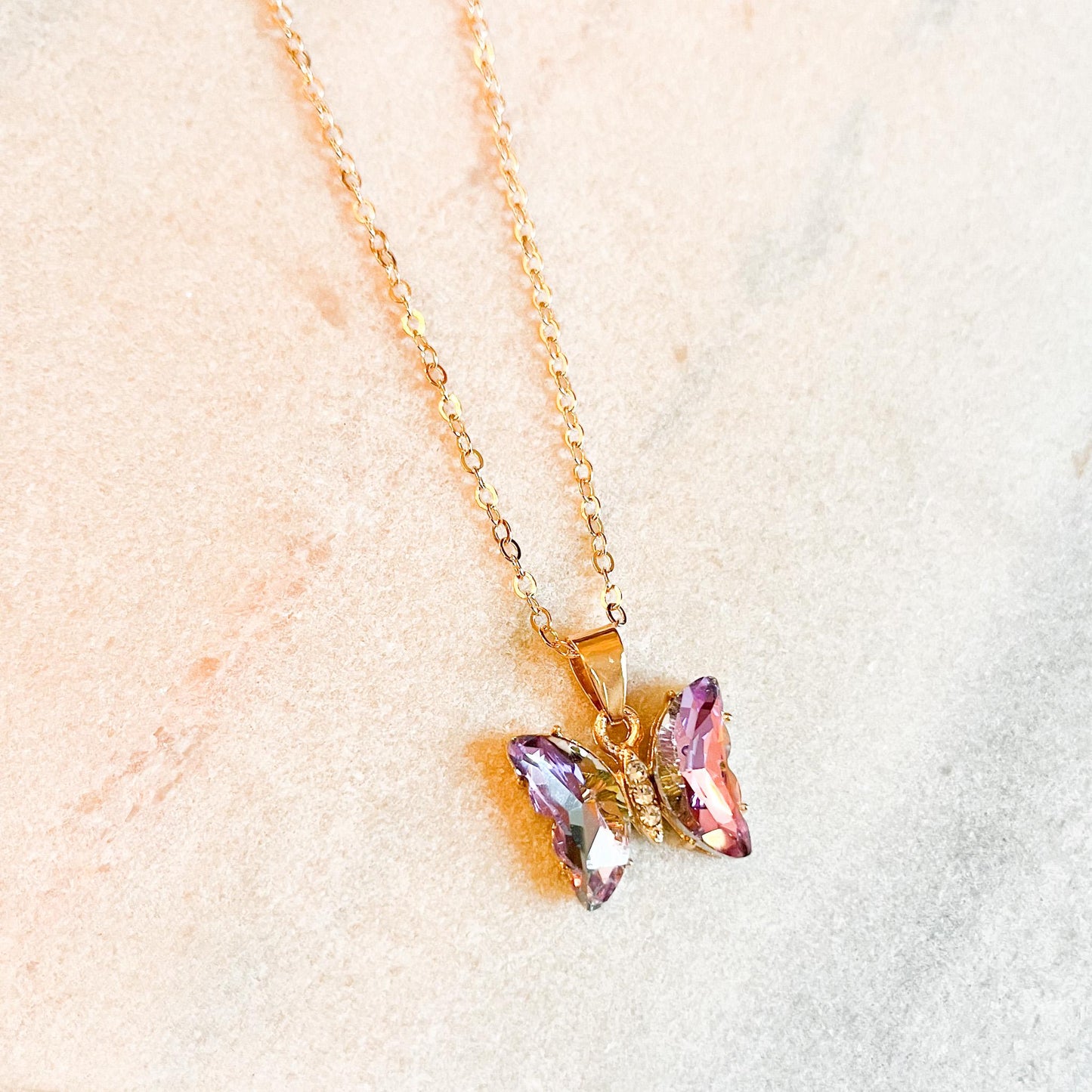 Crystal Butterfly Necklace, Gold Butterfly Pendant Necklace, Colourful Rhinestone Butterfly Jewellery, Cute Gift for Her, Nature Lover Gift