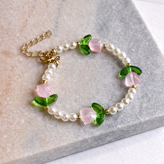 Pearl Tulip Flower Beaded Bracelet, Pink Blossom Bracelet, Floral Beaded Jewellery, Cute Pearl Bracelet, Cottagecore Bracelet Gift for Her