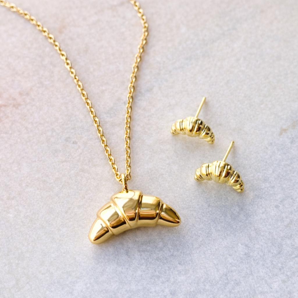 Croissant Earrings and Necklace Set – Gold Mini Bakery Jewellery Gift, Dainty Food Inspired Jewellery Set