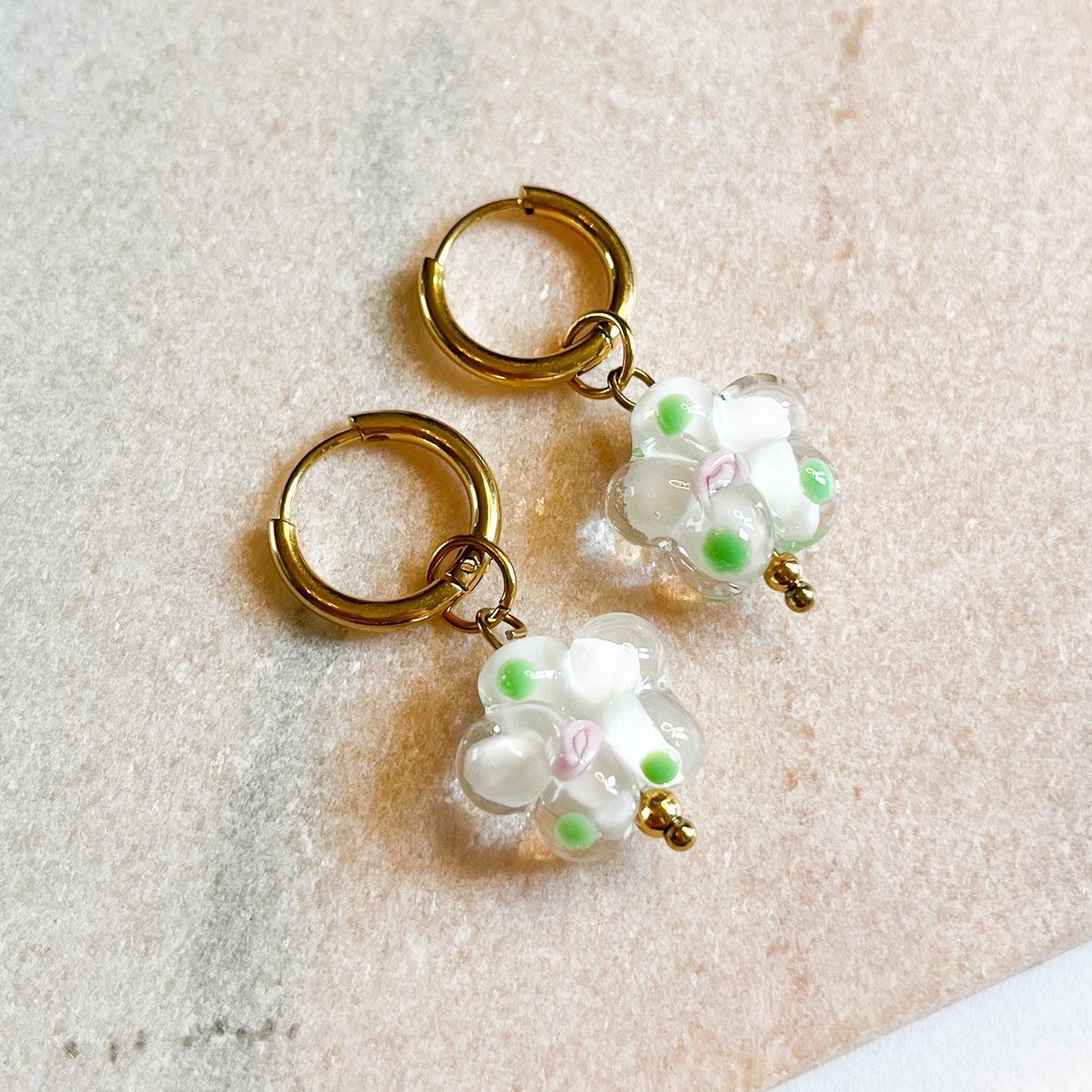 White Flower Glass Charm Huggie Earrings, Gold Floral Hoops, Cute Spring Jewellery, Dainty Drop Earrings