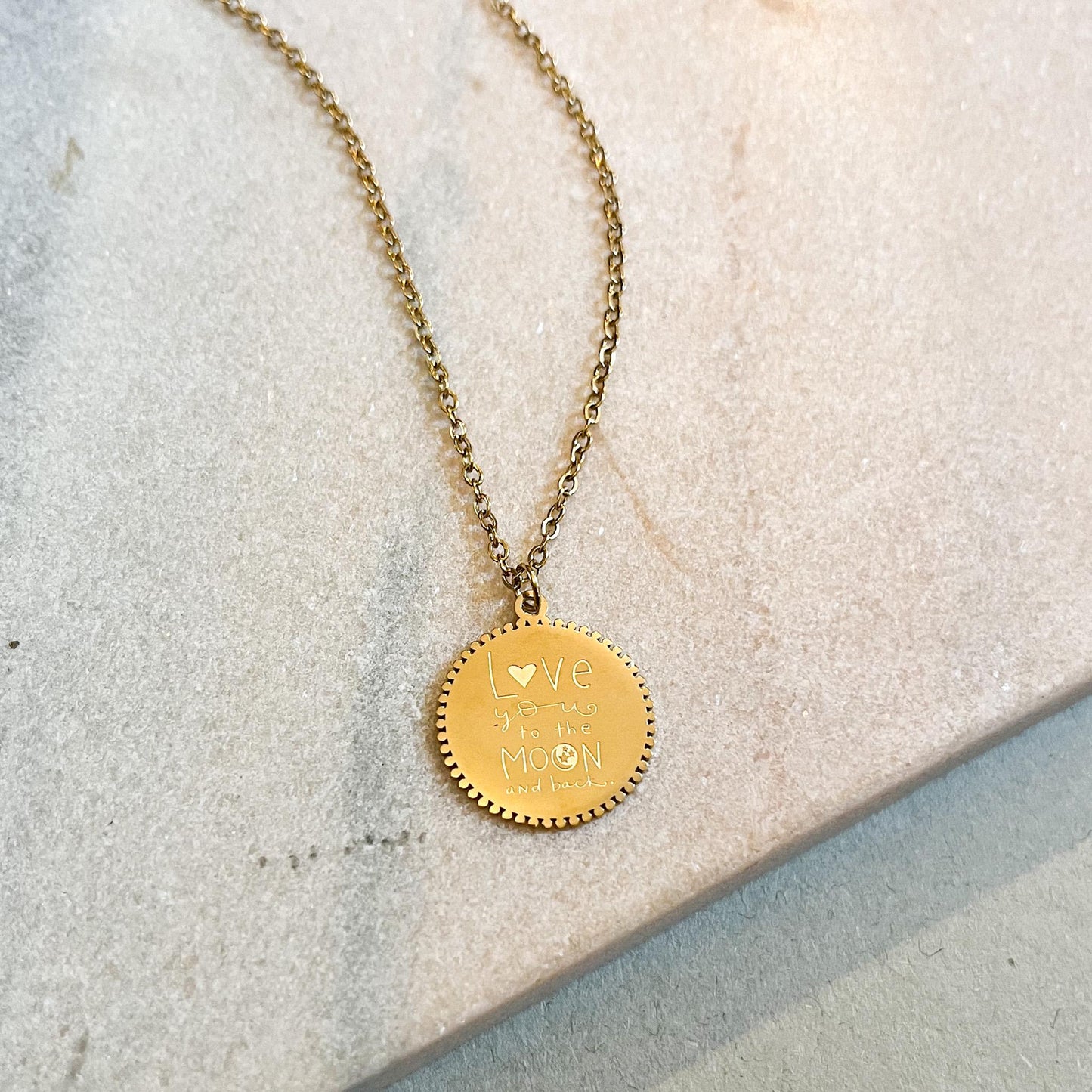 Love You to the Moon and Back Necklace • Gold Medallion Pendant • Celestial Scalloped Coin Necklace • Romantic Sentiment Jewelry •