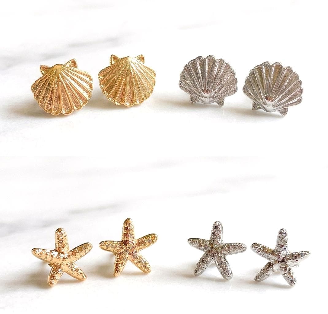 Sea Shell & Starfish Stud Earrings, Beach Jewellery, Ocean Inspired Earrings, Coastal Earrings, Summer Jewellery, Gift for Her
