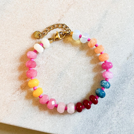 Natural Stone Rainbow Beaded Bracelet | Adjustable Stacking Jewelry | Colourful Semi-Precious Gemstone Gift