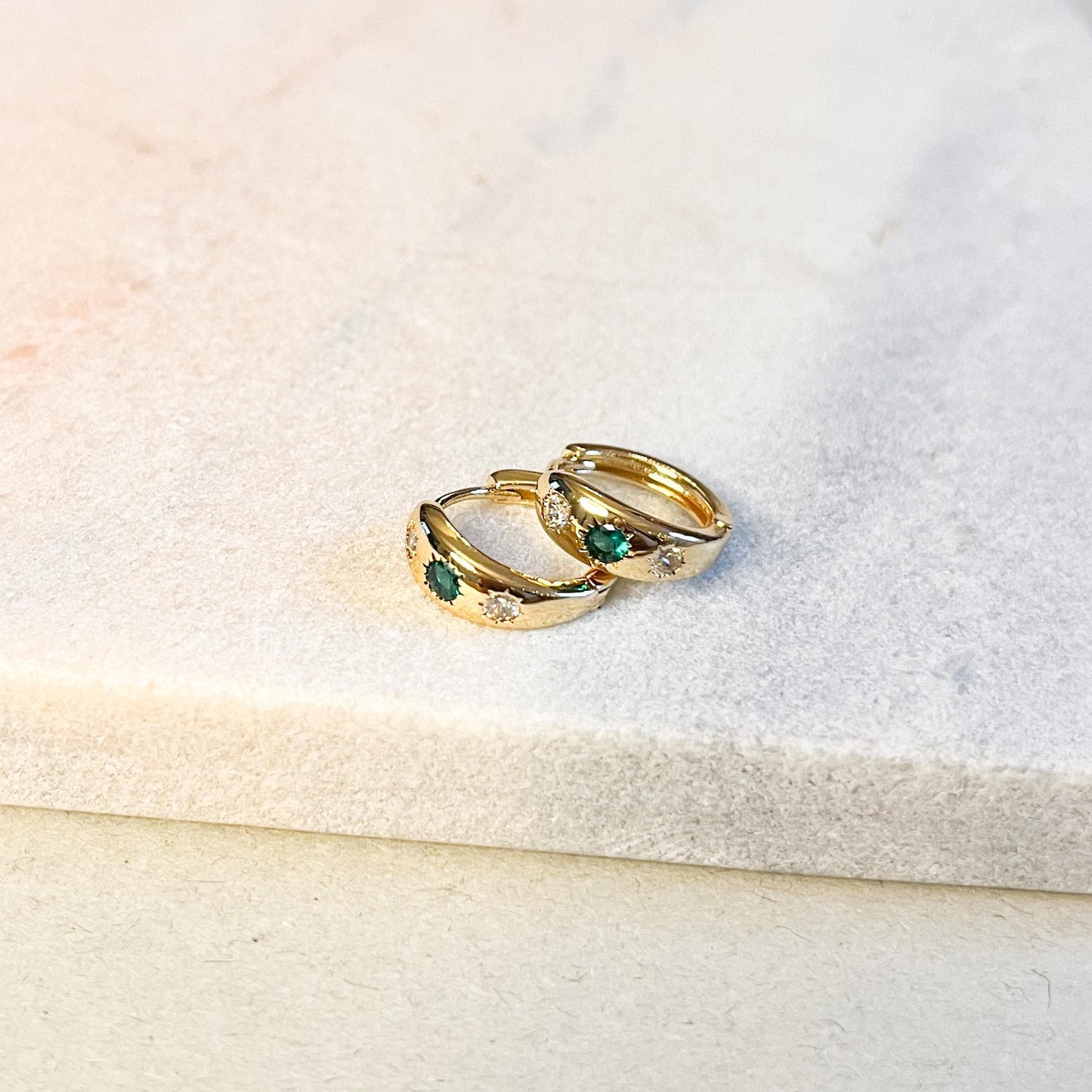 Emerald Green Cubic Zirconia Gold Plated Huggie Hoops