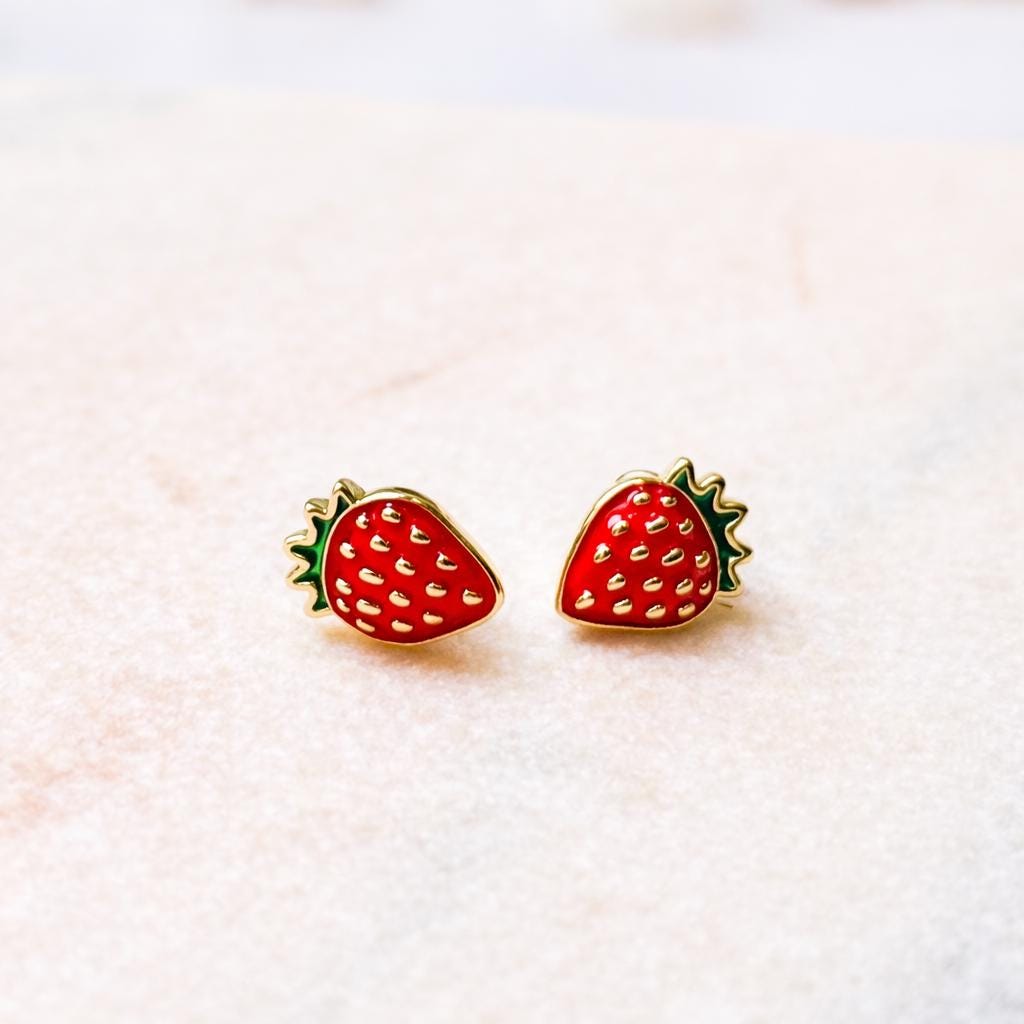 Mini Strawberry Stud Earrings, Cute Fruit Earrings, Red Enamel Studs, Summer Jewellery, Gift for Her, Sweet Statement Studs