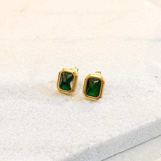 Art Deco Emerald Green Rectangle Bezel Stud Earrings