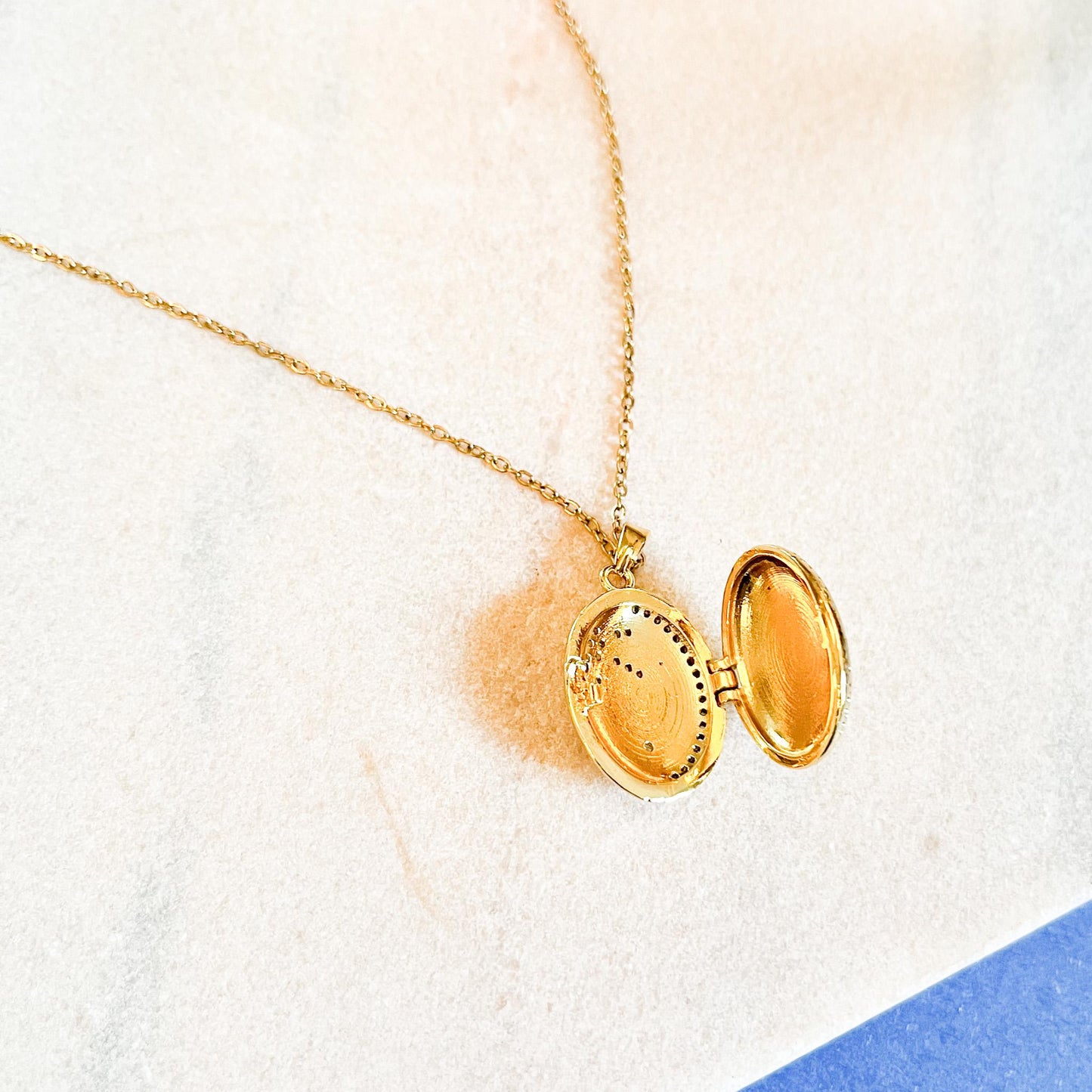 Celestial Star Moon Locket Gold Sparkle Photo Pendant, Oval Keepsake Necklace, Gift for Her