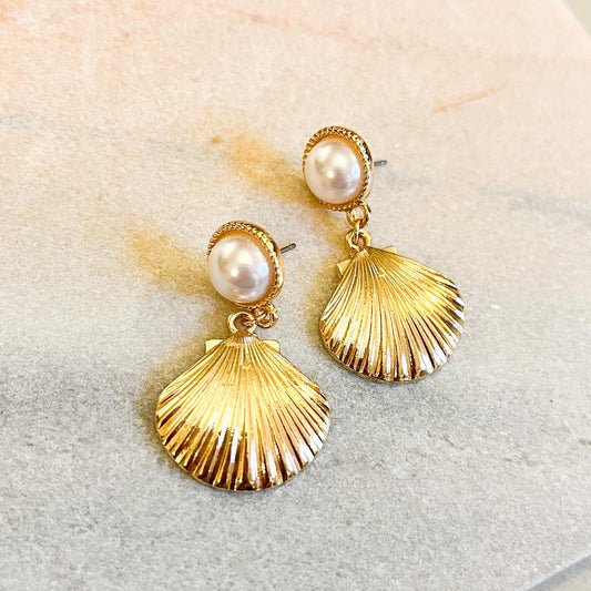 Art Deco Gold Seashell Drop Earrings with Pearl Studs, Nautical Scallop Shell Dangle Earrings, Summer Beach Wedding Gift for Her