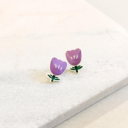 Purple Tulip Flower Stud Earrings – Cute Spring Enamel Floral Studs – Minimalist Botanical Jewelry – Garden Lover Gift