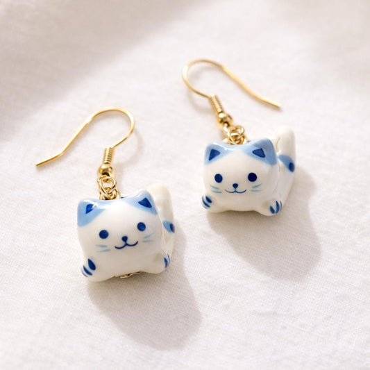Ceramic Lucky Cat Drop Earrings | Maneki Neko Waving Cat Jewellery, Kawaii