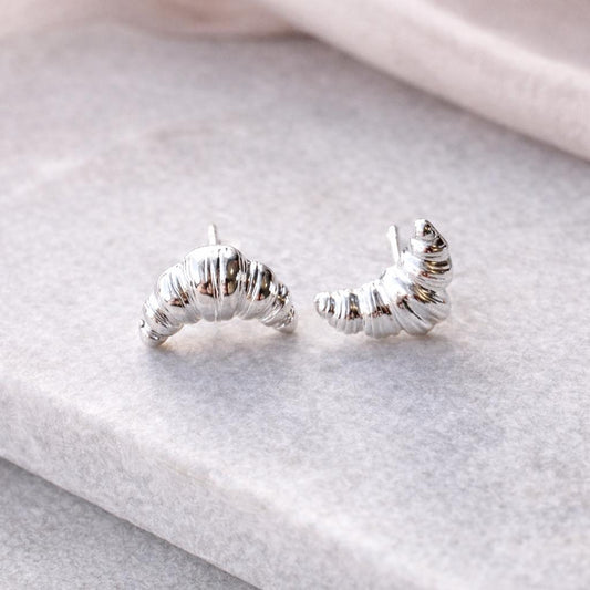 Silver Croissant Stud Earrings, Food Earrings, Bakery Jewellery, Cute Statement Studs, Gift For Her, Novelty Silver Earrings