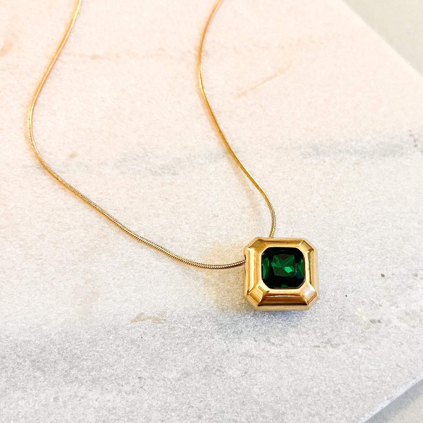 Vintage Style Emerald Square Necklace, Black Onyx Geometric Pendant, Gold Art Deco Jewelry, Statement Snake Chain, Gift for Her