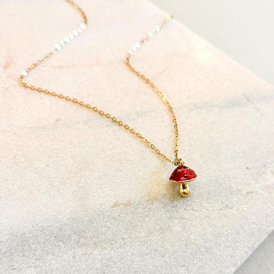 Dainty Red Mushroom Necklace • Gold Enamel Toadstool Pendant • Whimsical Woodland Jewelry • Cottagecore Gift for Her • Tiny Mushroom Charm