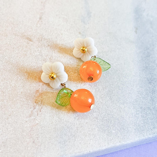 White Flower Blossom and Orange Fruit Drop Earrings