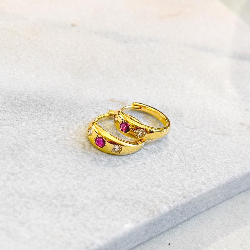 Gold Huggie Hoop Earrings with Ruby CZ Stones, Dainty Starburst Gemstone Hoops, Romantic Stacking Earrings, July Birthstone Gift for Her