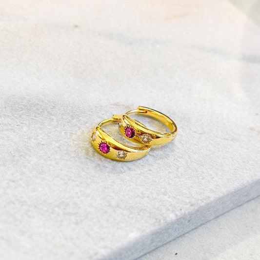 Gold Huggie Hoop Earrings with Ruby CZ Stones, Dainty Starburst Gemstone Hoops, Romantic Stacking Earrings, July Birthstone Gift for Her