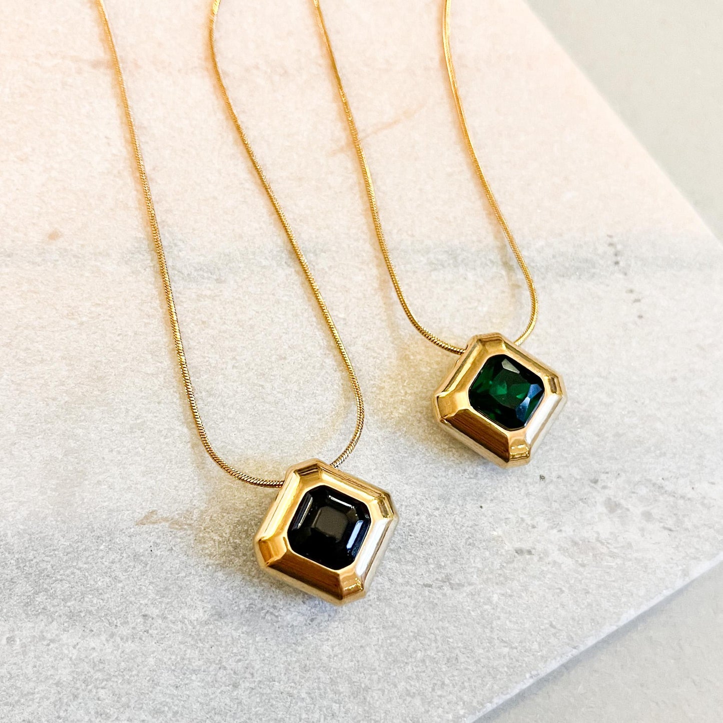 Vintage Style Emerald Square Necklace, Black Onyx Geometric Pendant, Gold Art Deco Jewelry, Statement Snake Chain, Gift for Her