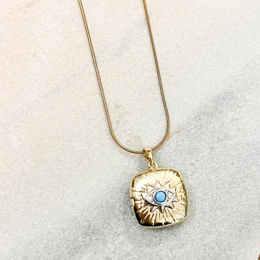 Gold Plated Evil Eye Locket Necklace, Tarnish Resistant Jewelry, Minimalist Gift