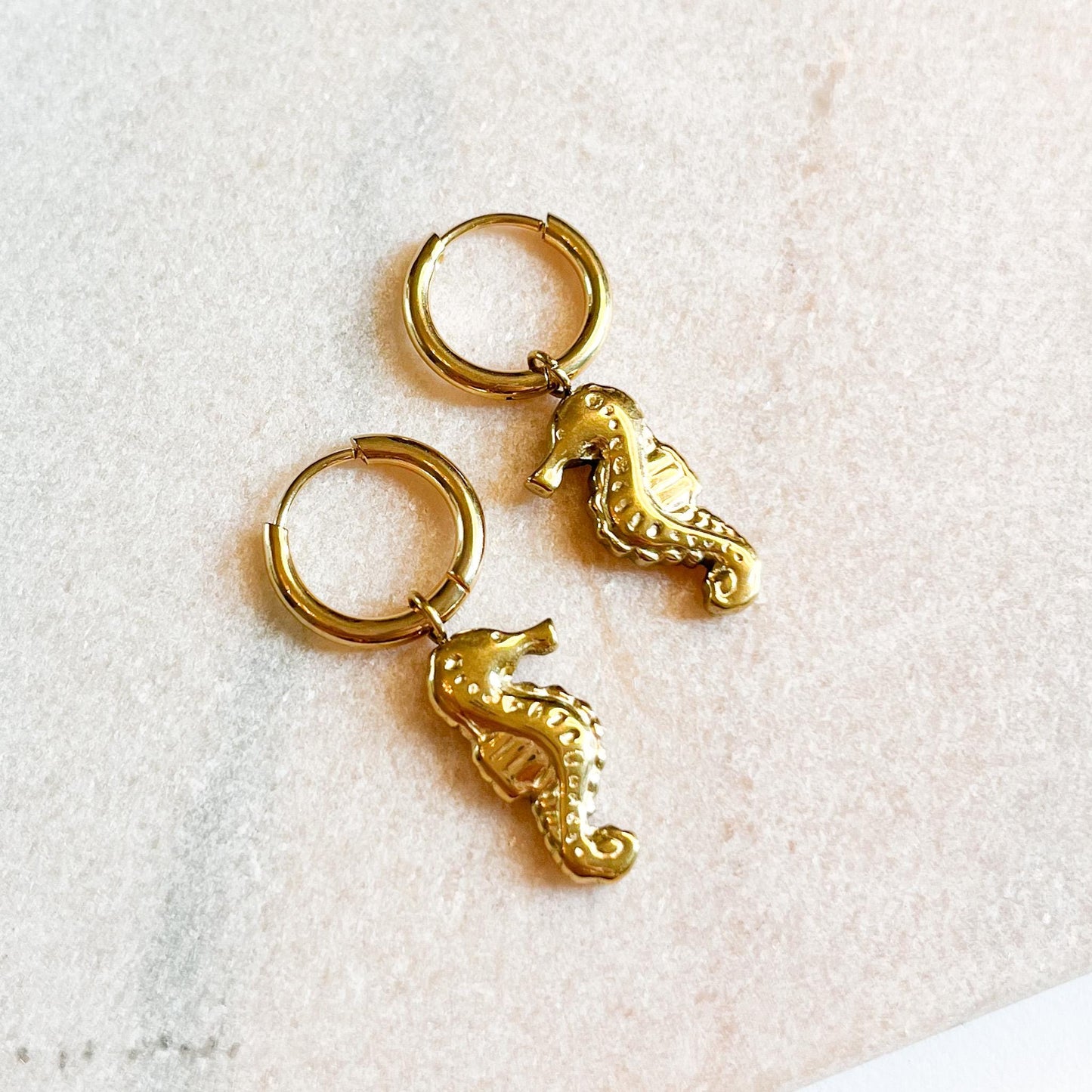Gold Seahorse Charm Earrings, Ocean Huggie Hoops, Beach Jewellery, Summer Drop Earrings