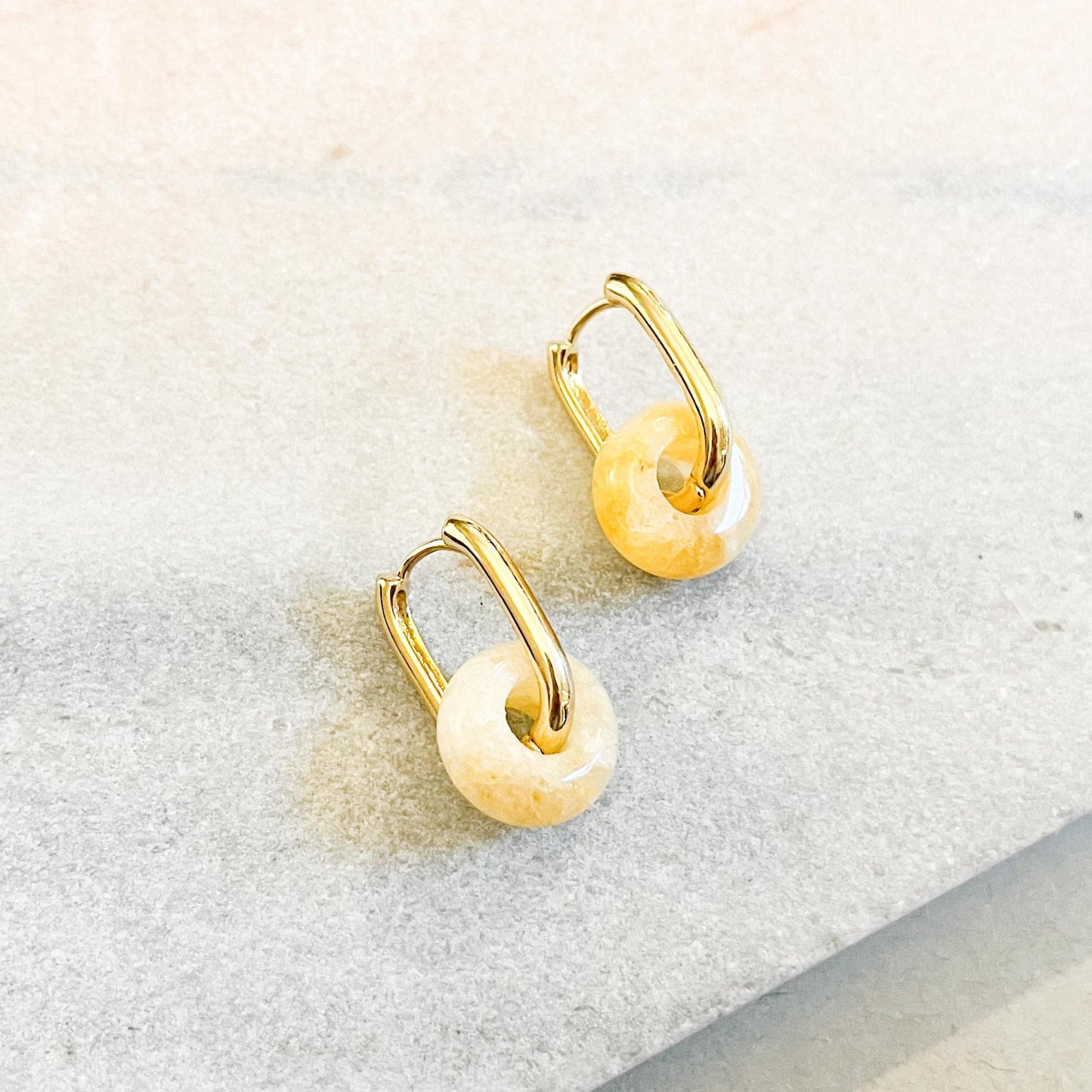 Gemstone Donut Huggie Hoop Earrings • Gold Interchangeable Stone Charms • Rose Quartz & Yellow Agate Hoops • Minimalist Jewelry Gift for Her