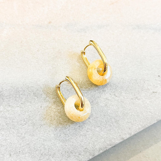 Gemstone Donut Huggie Hoop Earrings • Gold Interchangeable Stone Charms • Rose Quartz & Yellow Agate Hoops • Minimalist Jewelry Gift for Her