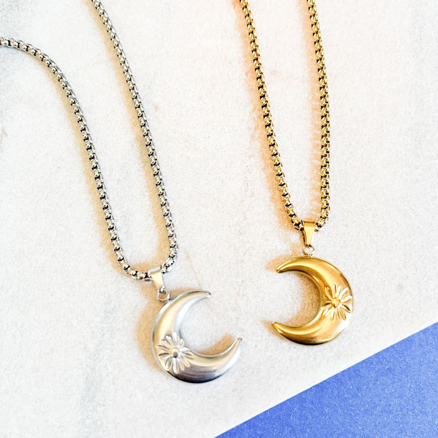 Crescent Moon Charm Necklace Gold and Silver Celestial Jewelry, Sun Flower Star Pendant