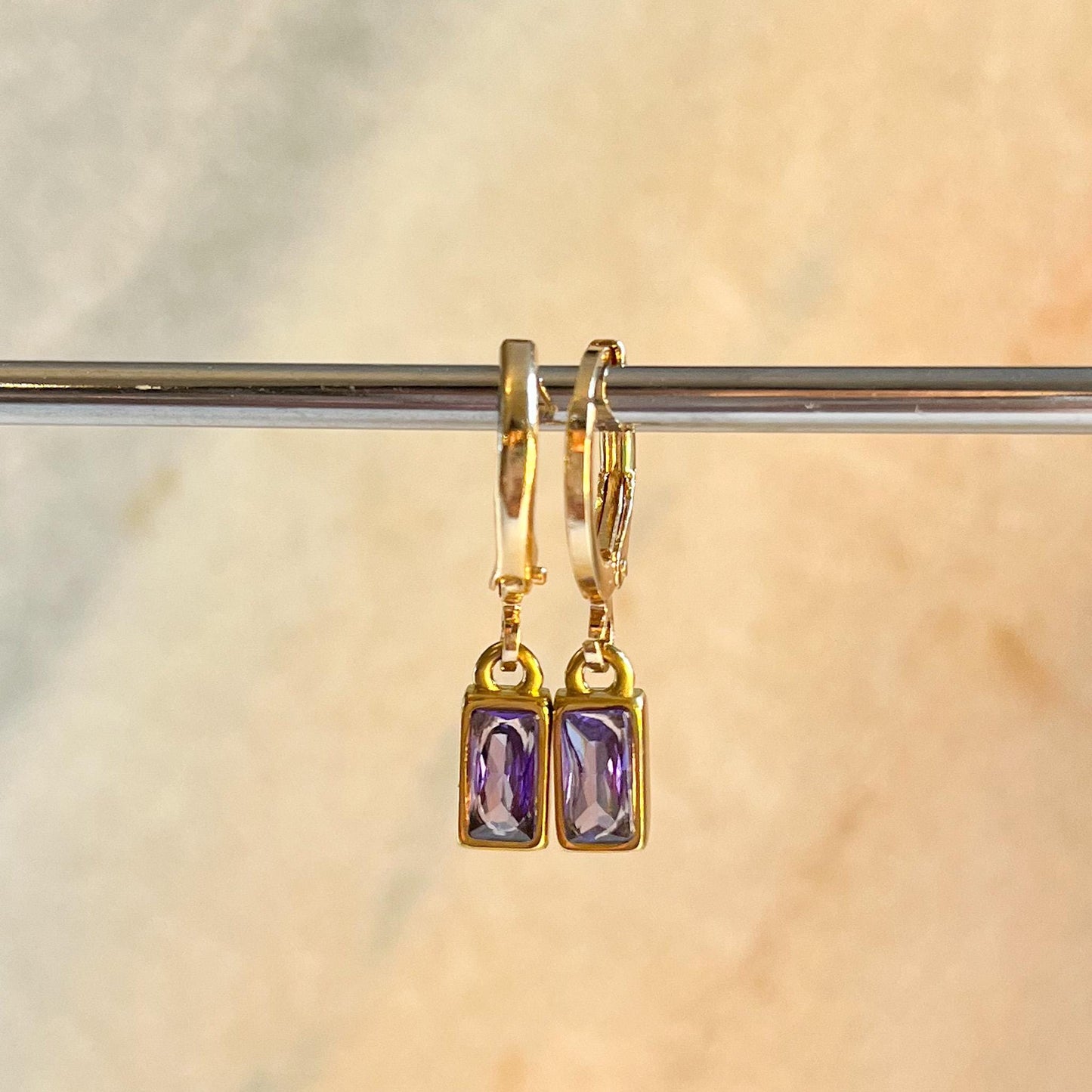 Gold Rectangle Baguette Crystal Huggie Earrings, Orange Blue Purple Drop Hoops, Minimal Gemstone Earrings, Colourful Jewellery Gift