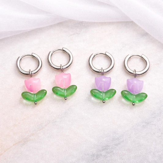 Pink Tulip Hoop Earrings, Cute Flower Drop Earrings, Pastel Spring Earrings, Floral Huggie Hoops, Dainty Nature Jewellery Gift