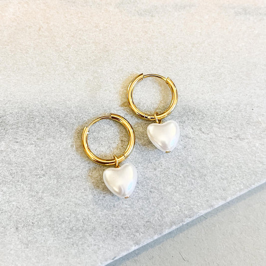 Pearl Heart Huggie Earrings - Gold Tone Bridal Drop