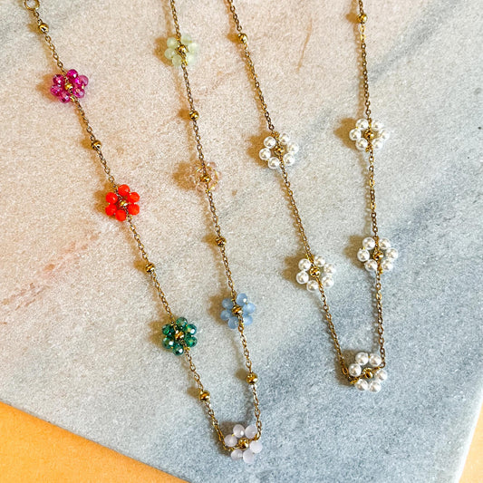 Rainbow Crystal Flower Daisy Chain Necklace, Dainty Gift for Her