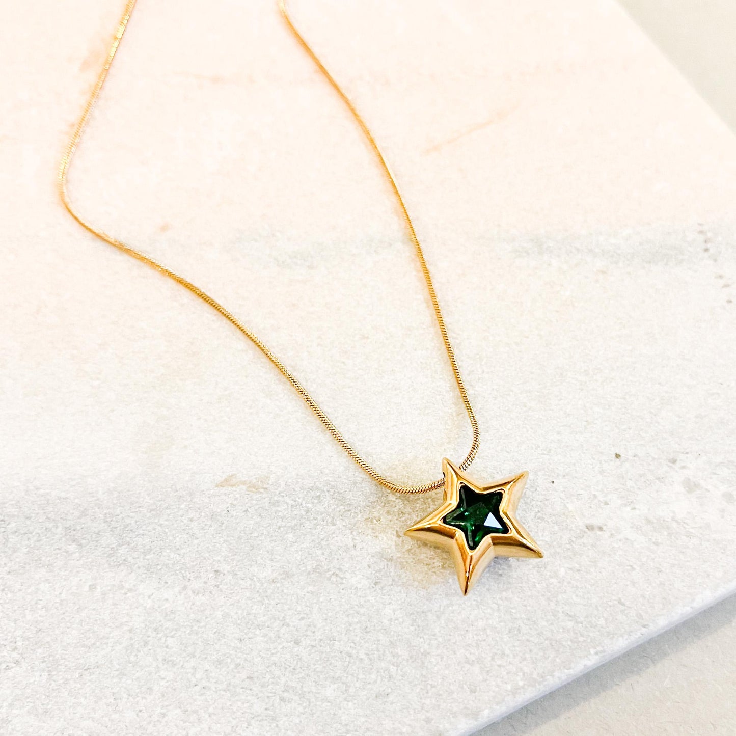 Gold Star Necklace with Green Emerald or Ruby CZ Crystal • Minimalist Starburst Jewelry • Green Gemstone Star Charm • Art Deco Gift for Her