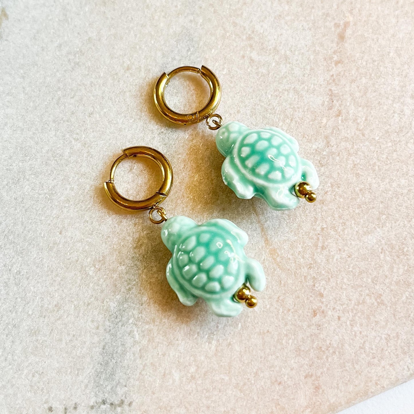 Mint Turtle Hoop Earrings – Cute Sea Turtle Charm Huggies – Summer Beach Jewellery