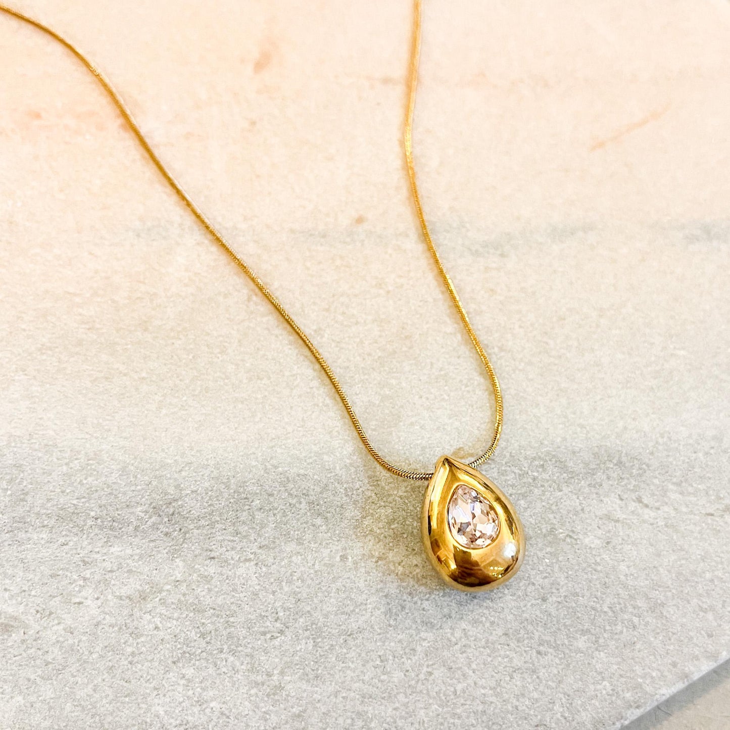 Chunky Gold Teardrop Art Deco Necklace, Dainty Pear Cut Gemstone CZ Pendant, Minimalist Snake Chain Jewelry, Gift for Her,