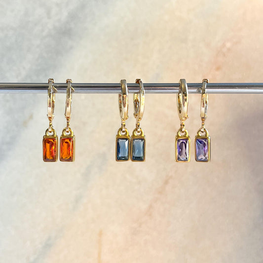 Gold Rectangle Baguette Crystal Huggie Earrings, Orange Blue Purple Drop Hoops, Minimal Gemstone Earrings, Colourful Jewellery Gift