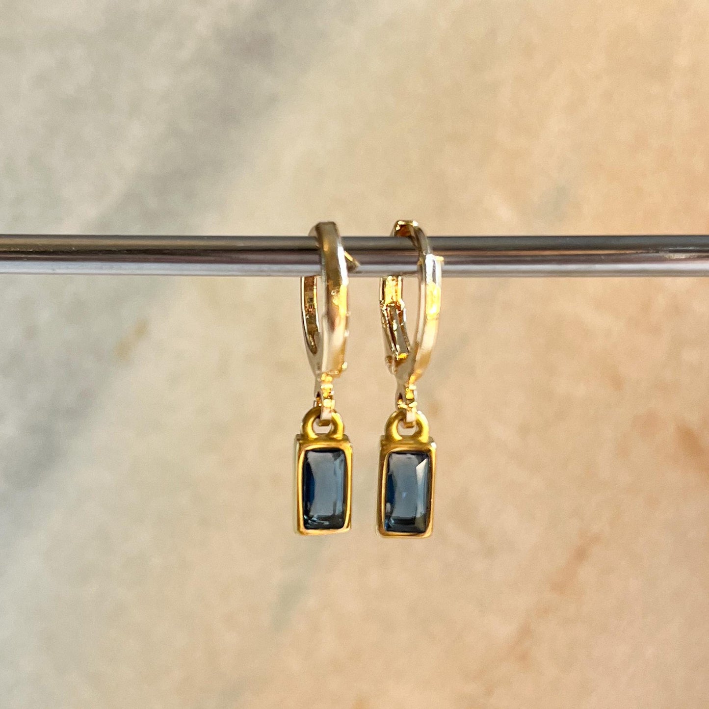 Gold Rectangle Baguette Crystal Huggie Earrings, Orange Blue Purple Drop Hoops, Minimal Gemstone Earrings, Colourful Jewellery Gift