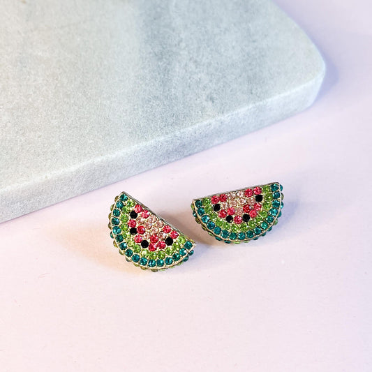 Watermelon Stud Earrings | Sparkly Fruit Crystal Studs | Summer Picnic Jewelry Gift