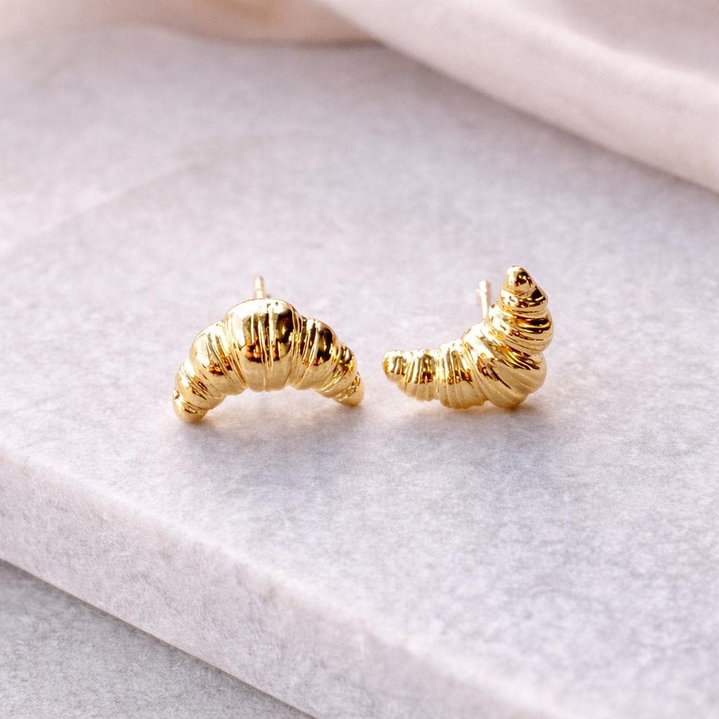 Tiny Gold Croissant Stud Earrings — Dainty Bakery Jewellery, Cute Foodie Gift for Her, Everyday Minimal Studs