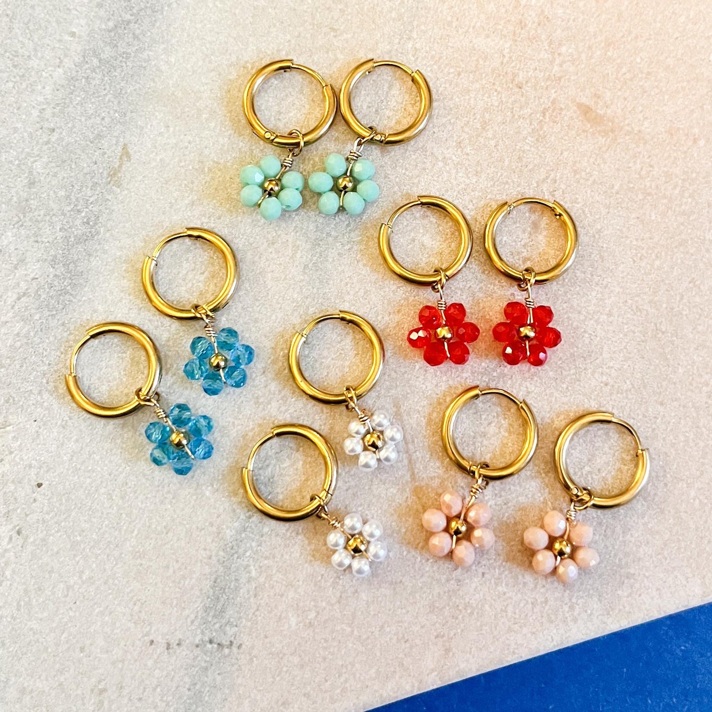 Beaded Flower Daisy Charm Hoop Earrings | Stainless Steel Huggie Hoops | Gift for Her