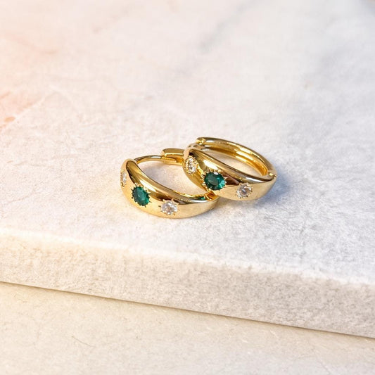 Emerald Green Cubic Zirconia Gold Plated Huggie Hoops