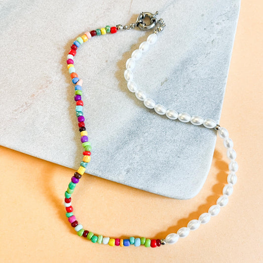Rainbow Seed Bead Pearl Necklace, Colorful Half and Half Beaded Choker