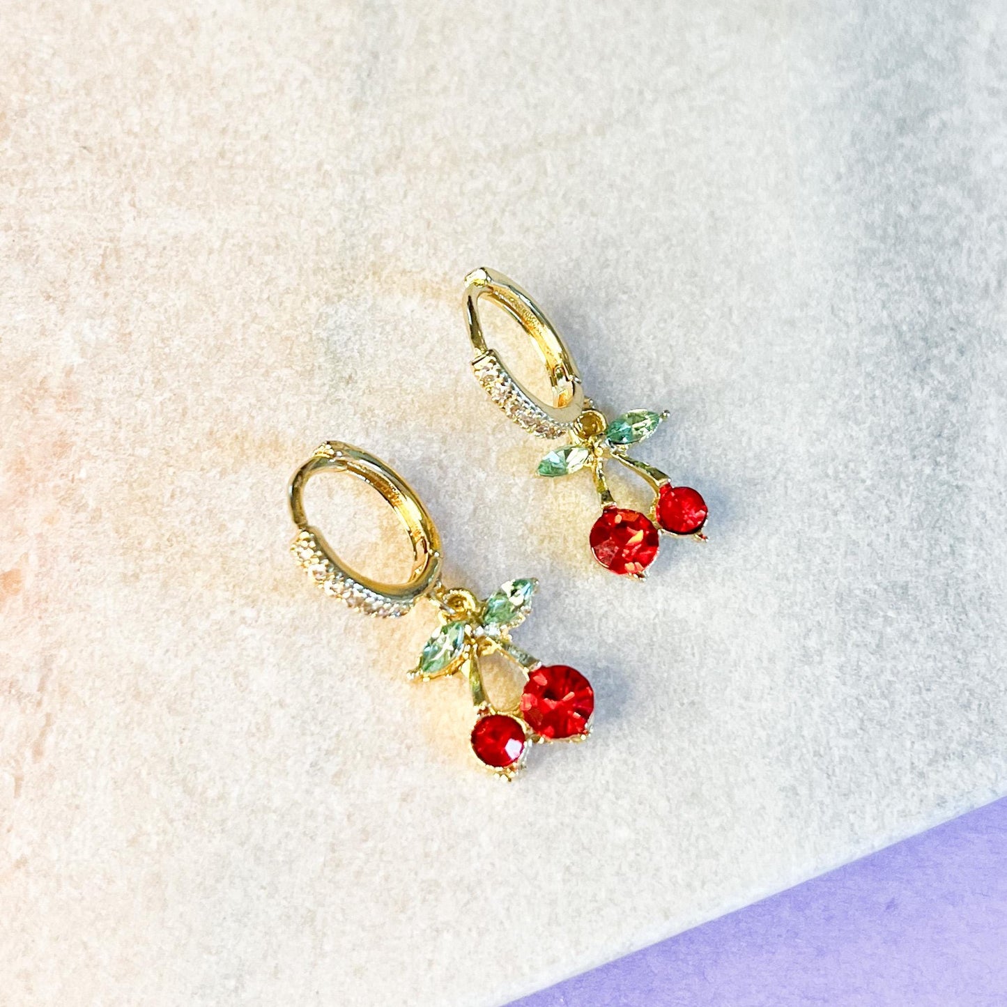 Cherry Dangle Hoop Earrings | Gold Huggie with Red Crystal Fruit | Summer Jewelry Gift