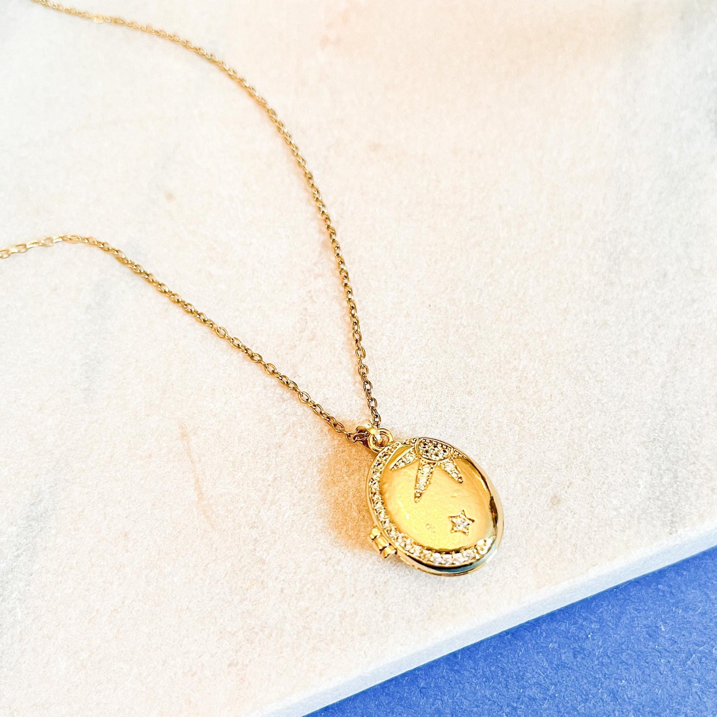 Celestial Star Moon Locket Gold Sparkle Photo Pendant, Oval Keepsake Necklace, Gift for Her